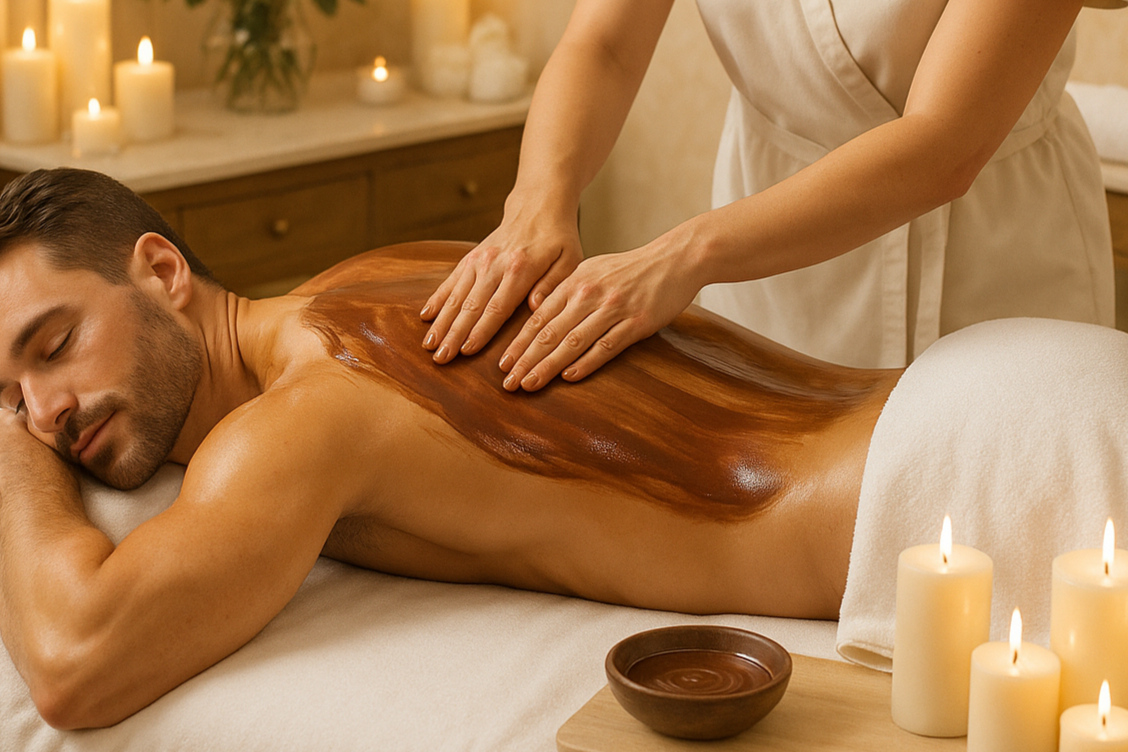 Genera una imagen de un hombre en un spa recibiendo un masaje relajante con aceite de chocolate, en una camilla suave con sabanas blancas limpias, todo decorado muy bonito y lujoso, con colores tenues y claros, que se vea un servicio muy especial