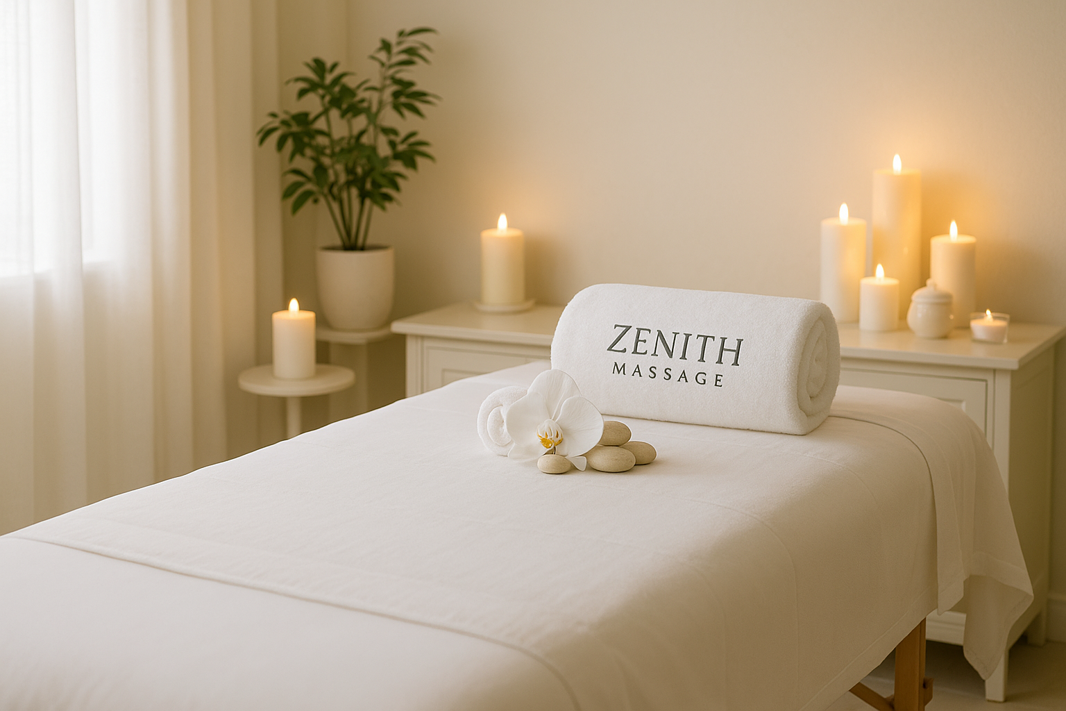 Genera una imagen de un spa lujoso, centrate en la camilla muy limpia con tonos claros muy bonita y bien decorada y en una toalla diga zenith massage