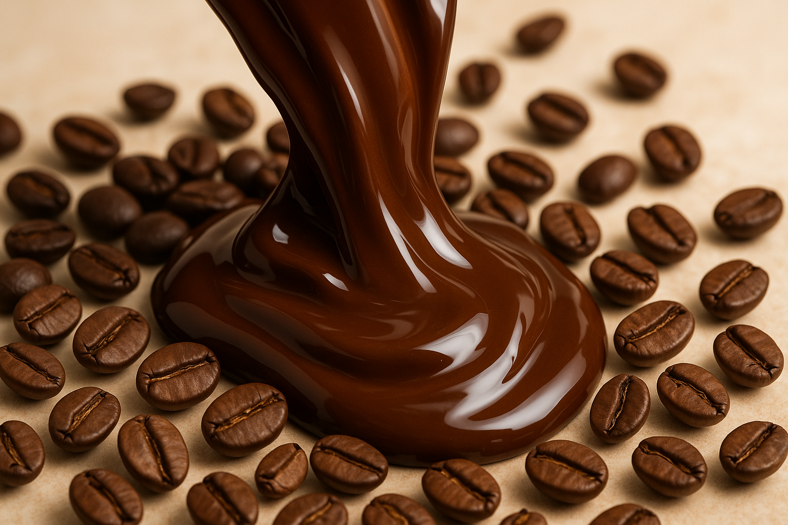 Imagen muy provocadora de cacao liquido y semilla de cafe, sumamente enfocada en el cacao y cafe con un fondo relajante y en tonos claros, que se vea delisioso, humedo y muy lujoso