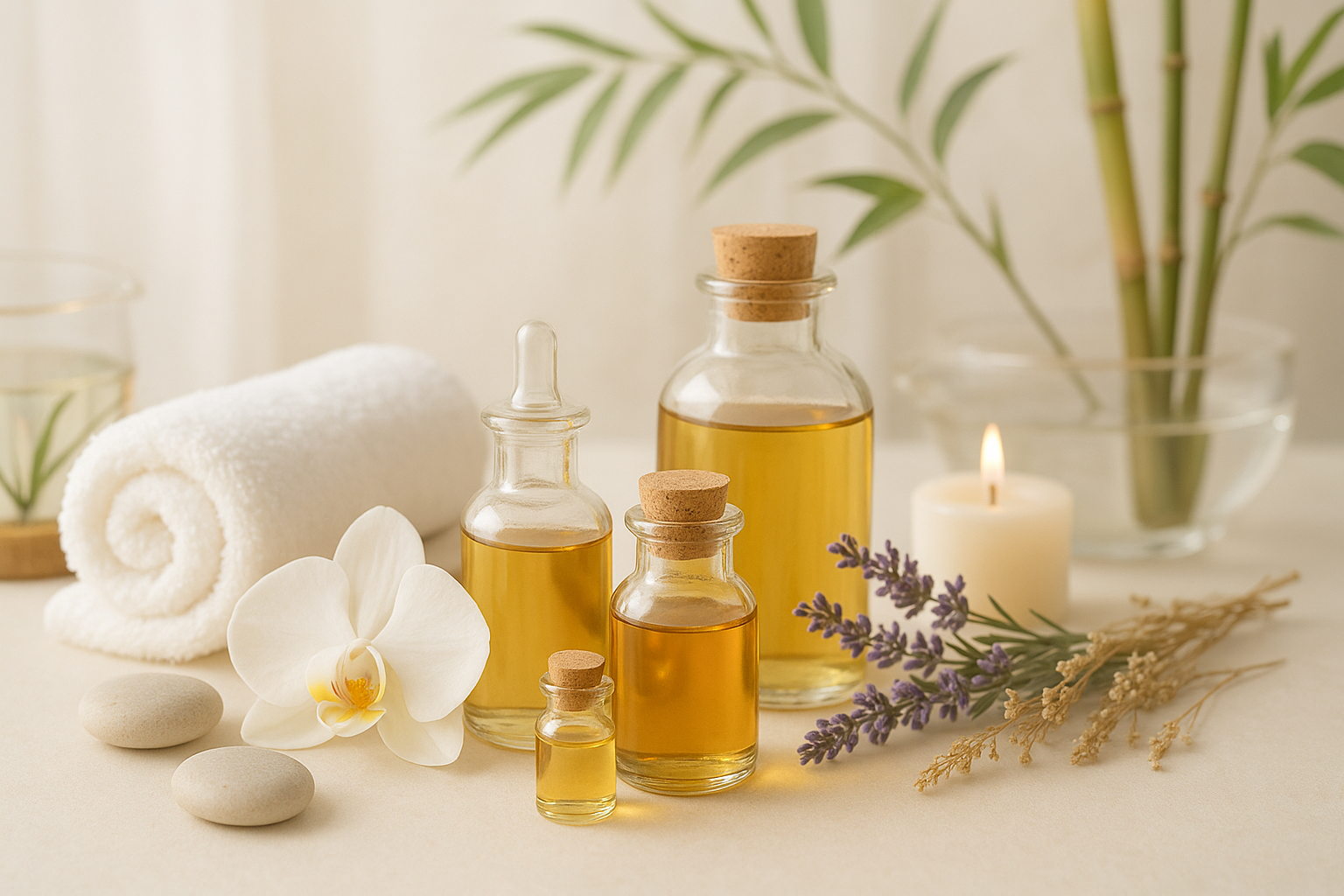 Imagen relajante de aceites para Spa en tonos claros con fondo relajante