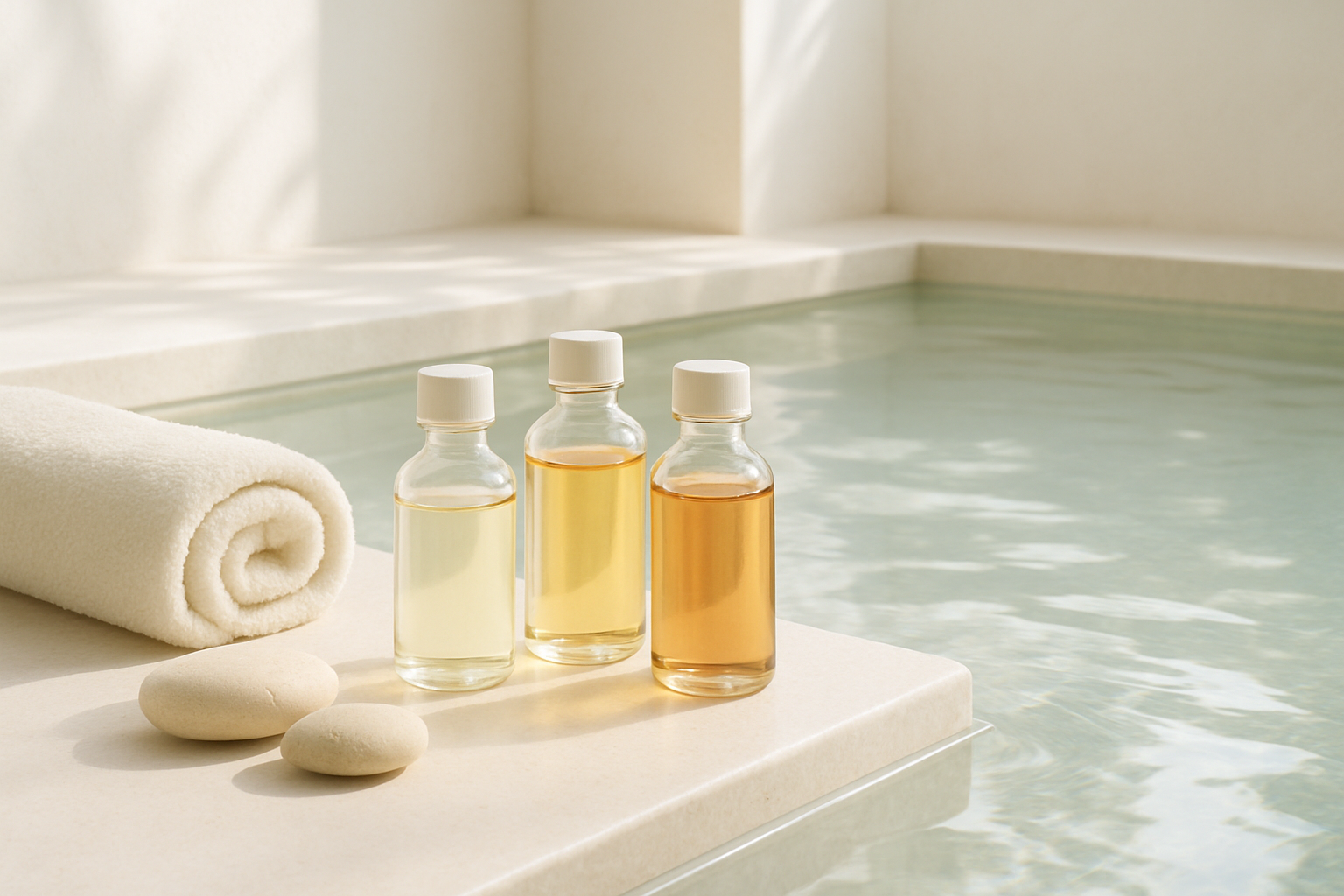 Imagen relajante se aceites para spa en tonos claros en un llugar con agua clara y limpia