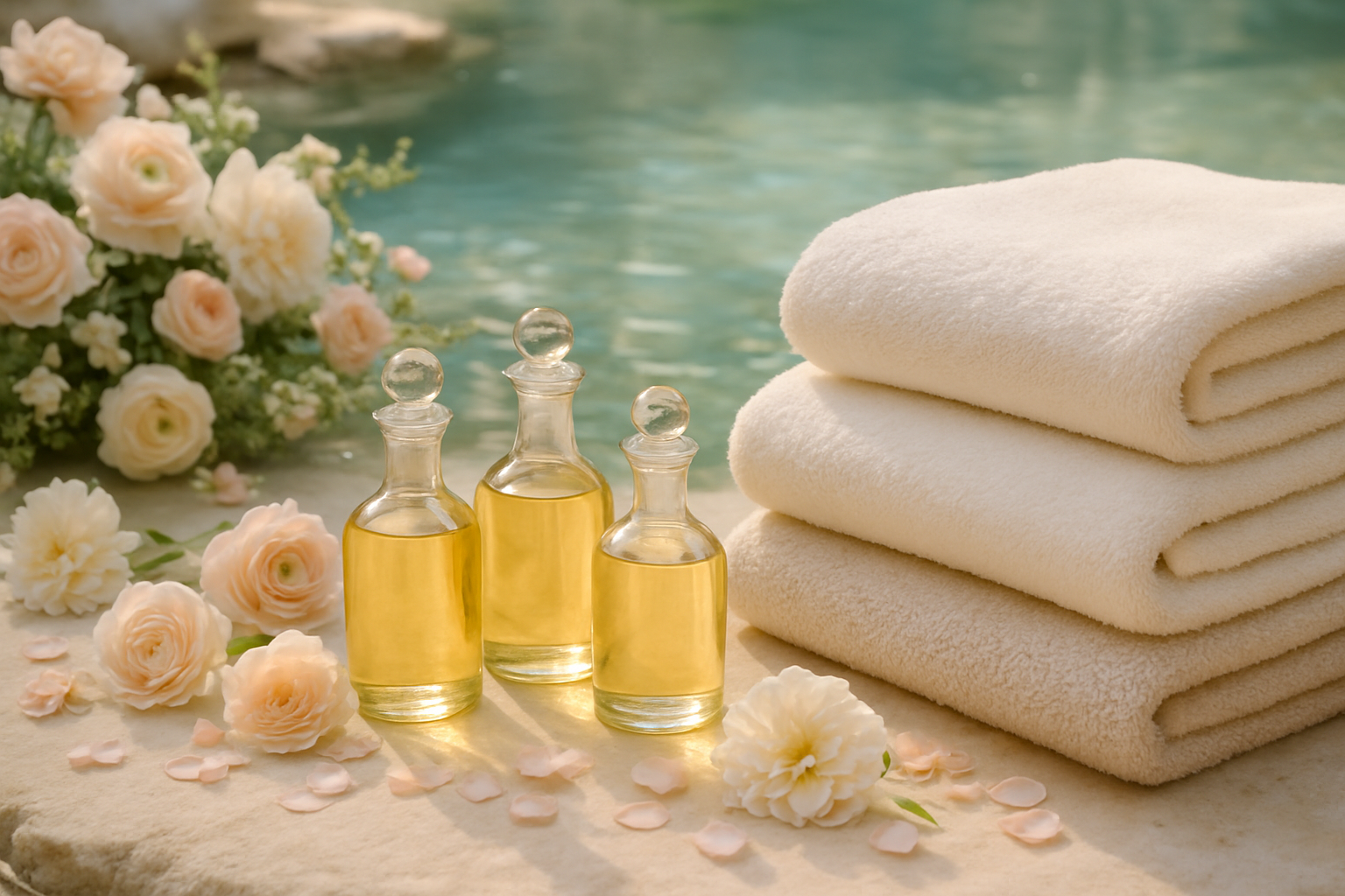 Imagen relajante se aceites y toallas para spa en tonos claros en un lugar con agua clara y limpia cercade flores 