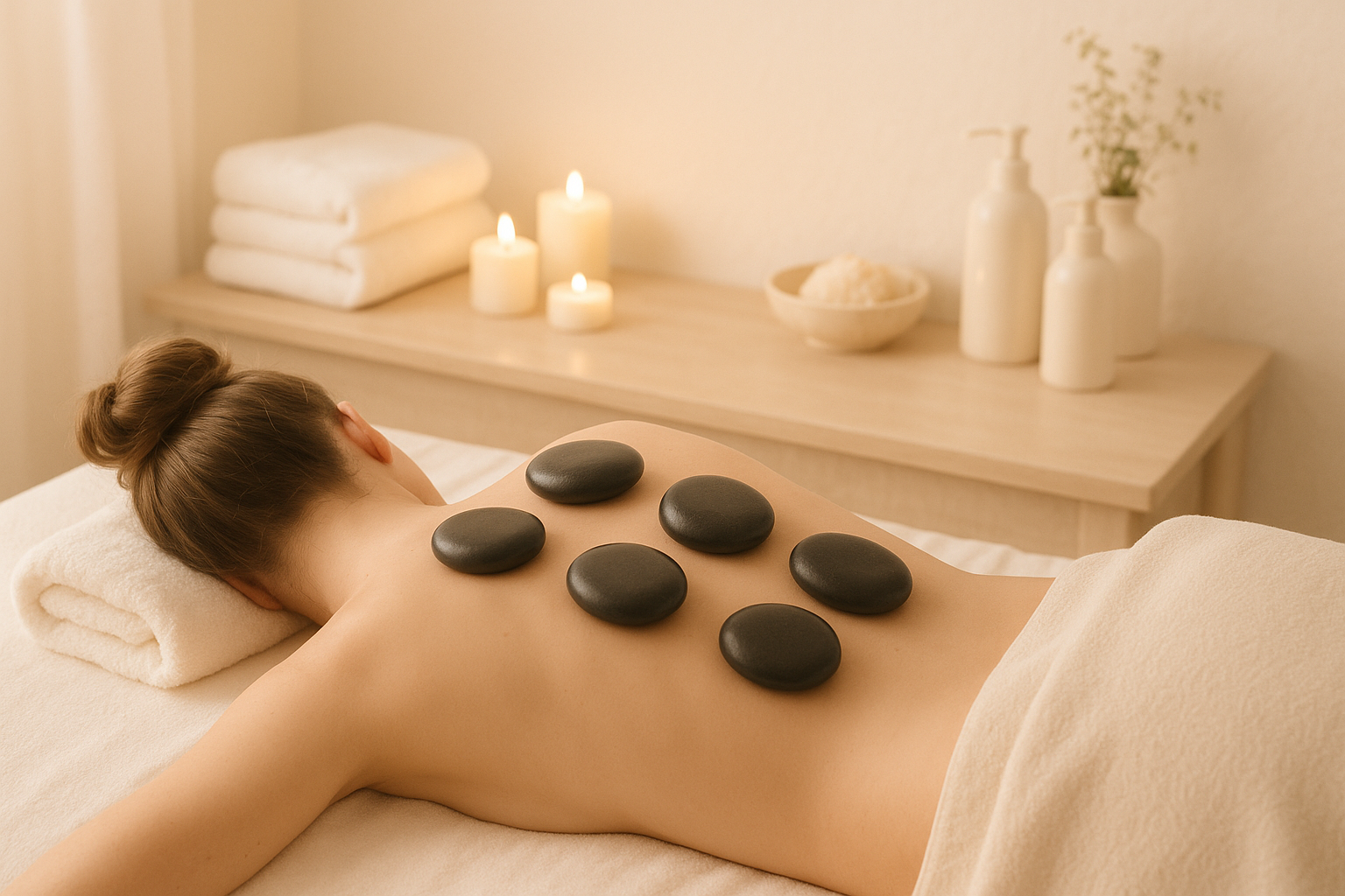 Masaje con piedras calientes en tonos claros